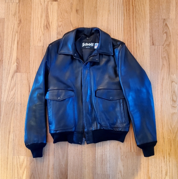 Schott Slim Leather Bomber Jacket - Black (M) - Picture 2 of 8